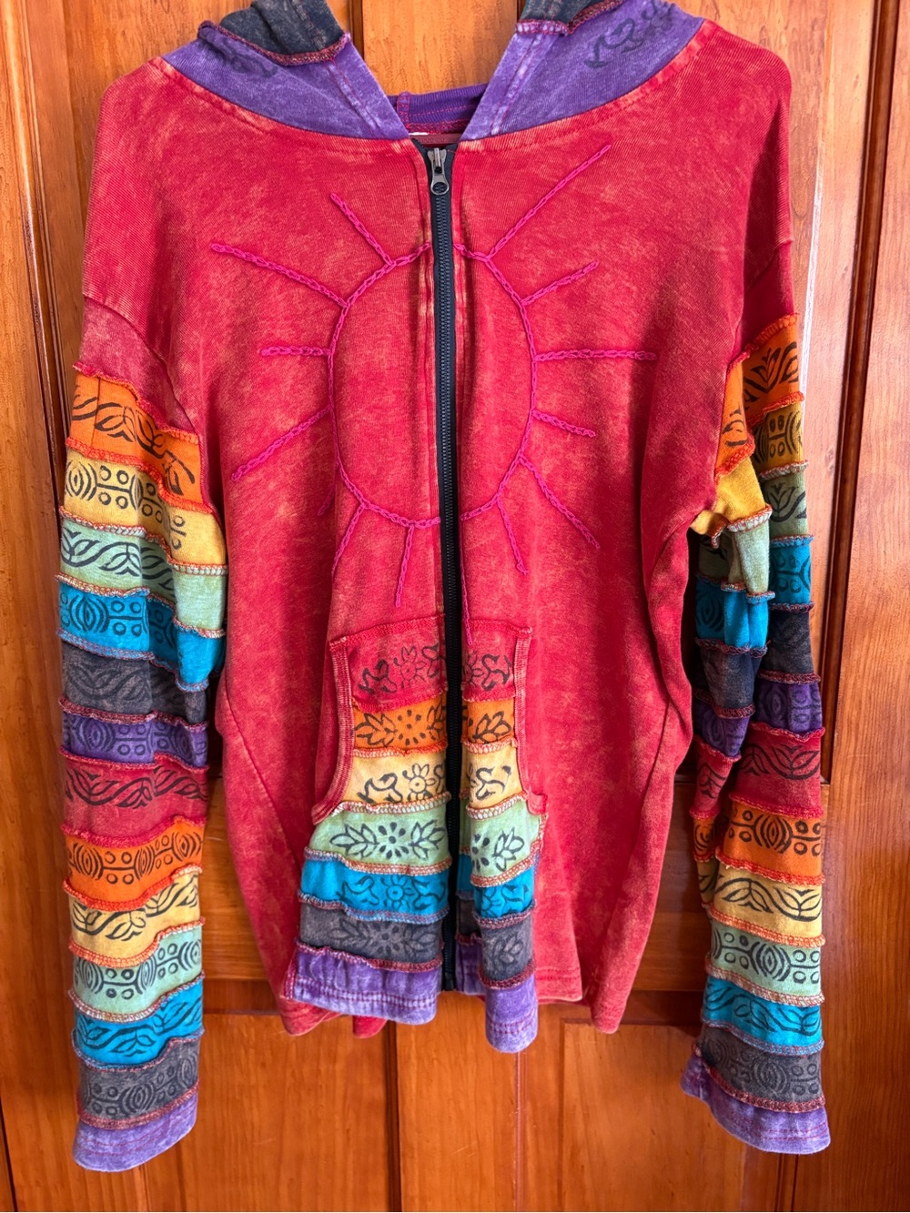 Greater Good Network Boho Orange/Multicolored Hooded Patchwork Jacket